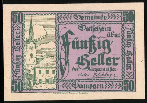 Notgeld Gampern 1920, 50 Heller, Kirche mit Turm und Gebäuden