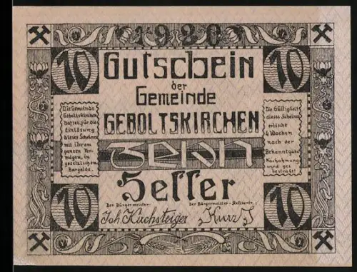 Notgeld Geboltskirchen, 10 Heller, Pflug und Ackerfeld-Motiv mit Bauern und Pferd