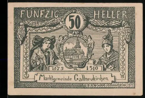 Notgeld Gallneukirchen 1920, 50 Heller, Frauenporträts und Ortsansicht im Medaillon