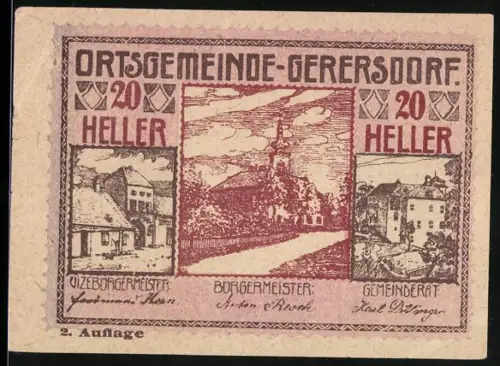 Notgeld Gerersdorf 1920, 20 Heller, ländliche Szene mit Gebäuden und Landschaft
