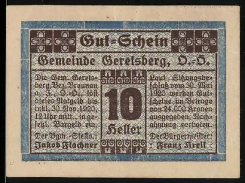 Notgeld Geretsberg 1920, 10 Heller, florales Muster und dekorative Bordüre