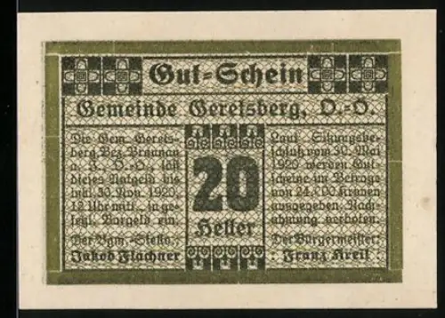 Notgeld Geretsberg 1920, 20 Heller, dekoratives Muster und Textfeld