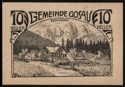 Notgeld Gosau 1920, 10 Heller, Landschaft mit Ort im Hintergrund