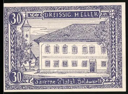 Notgeld Goldwörth, 30 Heller, Gebäude und Turm im Dorfplatz-Motiv