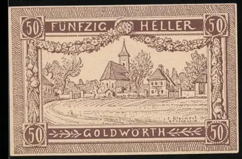 Notgeld Goldwörth 1920, 50 Heller, Dorflandschaft mit Kirche und Häusern