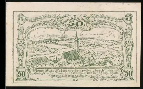 Notgeld Grieskirchen 1920, 50 Heller, Ortsansicht mit Kirche und Landschaft