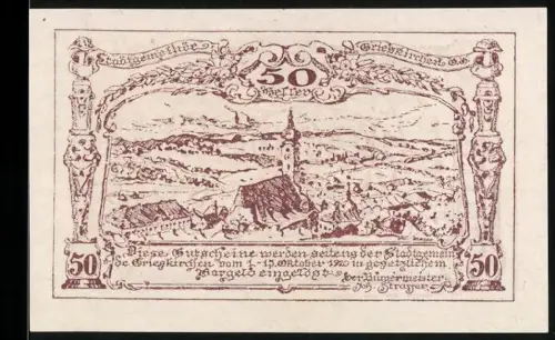 Notgeld Grieskirchen 1920, 50 Heller, Ortsansicht mit Kirche und dekorativem Rahmen