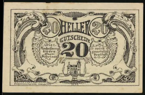 Notgeld Grieskirchen 1920, 20 Heller, dekorative Ornamente und Ortsansicht