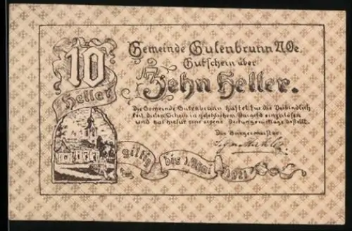 Notgeld Gutenbrunn 1921, 10 Heller, Kirche und dekorative Schriftzüge