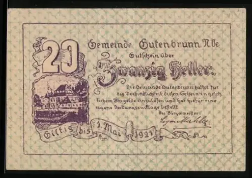 Notgeld Gutenbrunn 1921, 20 Heller, Gebäude und Text im dekorativen Rahmen