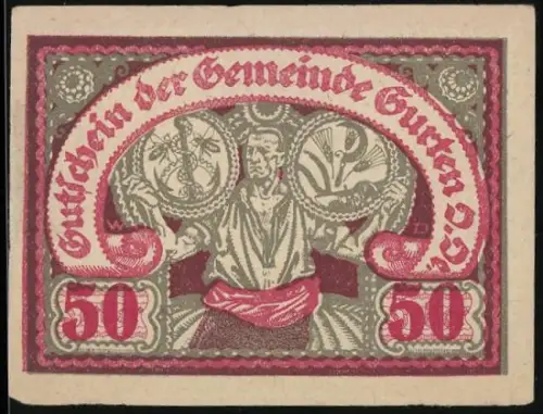 Notgeld Gurten, 50 Heller, Darstellung einer Figur mit zwei Wappen