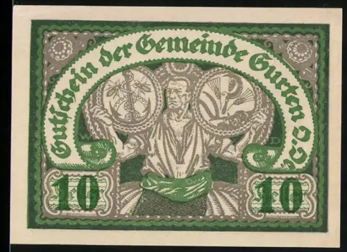 Notgeld Gurten 1920, 10 Heller, Figur mit zwei Wappen und dekorativem Muster