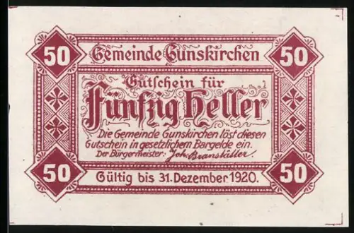 Notgeld Gunskirchen 1920, 50 Heller, Ortsansicht mit Kirche, landwirtschaftliche Symbole