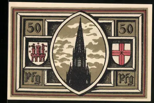 Notgeld Freiburg i. Br. 1921, 50 Pfennig, Münster und Wappenmotive