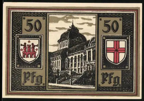 Notgeld Freiburg i. Br. 1921, 50 Pfennig, Gebäudeansicht und Wappen von Freiburg