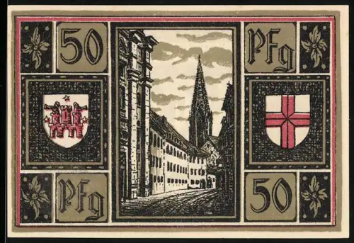Notgeld Freiburg i. Br. 1921, 50 Pfennig, Ortsansicht und Wappen mit Adler und Stadtmauer