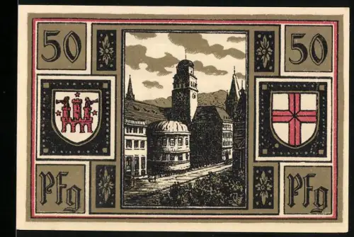 Notgeld Freiburg i. Br. 1921, 50 Pfennig, Ortsansicht und Wappenmotive
