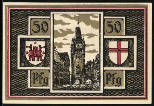 Notgeld Freiburg i. Br. 1921, 50 Pfennig, Stadttor und Wappenmotive