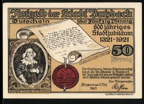 Notgeld Butzbach 1921, 50 Pfennig, Stadtjubiläum, Landgraf Philipp, Hexenturm, Griessler Tor, Wappen