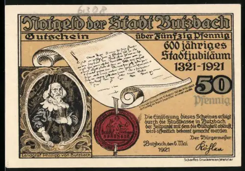 Notgeld Butzbach 1921, 50 Pfennig, Stadtjubiläum und Landgrafenhaus