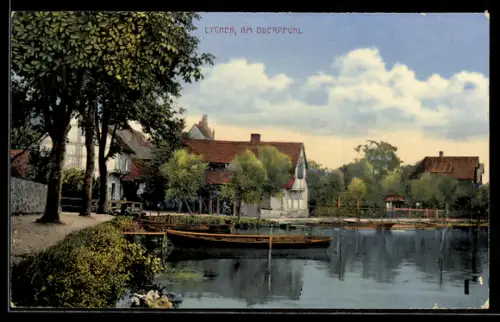 AK Lychen, Am Oberpfuhl, Seeufer, Boote, Häuser