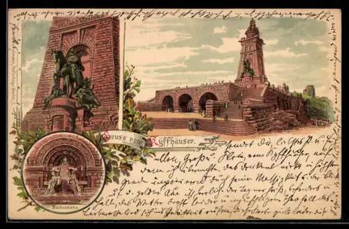 Lithographie Kyffhäuser, Kyffhäuserdenkmal, Barbarossadenkmal