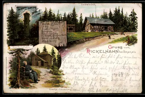 Lithographie Ilmenau, Kickelhahn, Goethehe-Häuschen, Gabelbach