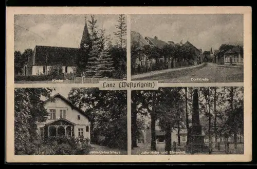 AK Lanz /Westprignitz, Kirche, Dorfstrasse, Jahn-Geburtshaus, Jahn-Hain und Ehrenmal