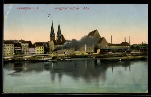 AK Frankfurt a. O., Schifffahrt auf der Oder, Stadtpanorama