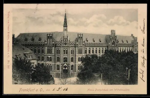 AK Frankfurt a. O., Neues Postgebäude am Wilhelmsplatz aus der Vogelschau
