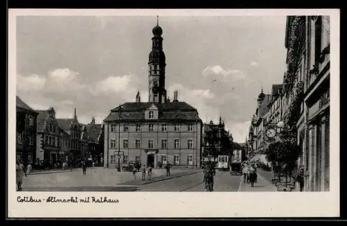 AK Cottbus, Altmarkt mit Rathaus u. Strassenbahn