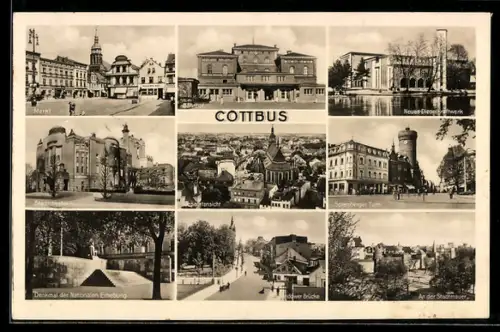 AK Cottbus, Neues Dieselkraftwerk, Denkmal der Nationalen Erhebung, Markt, Stadttheater, Spremberger Turm