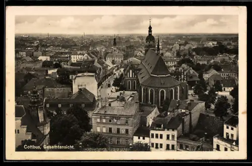 AK Cottbus, Gesamtansicht mit Kirche aus der Vogelschau