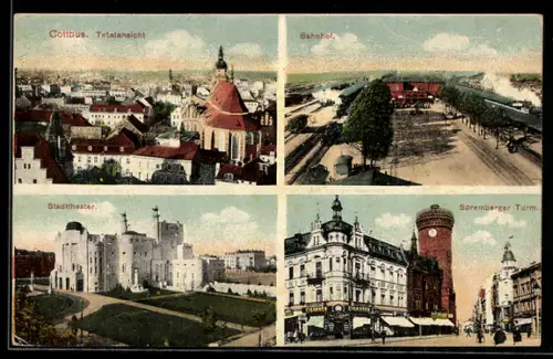 AK Cottbus, Totalansicht, Bahnhof, Stadttheater, Spremberger Turm