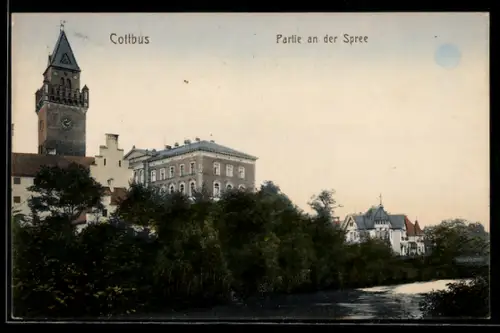 AK Cottbus, Partie an der Spree, mit Uhrturm