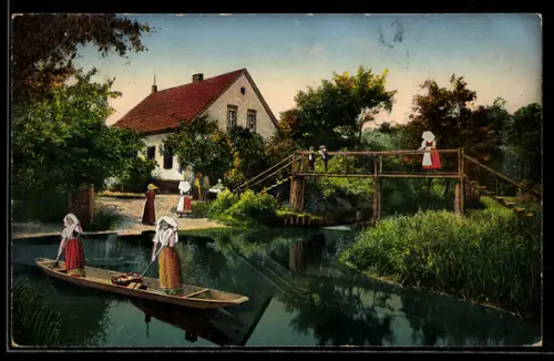 AK Spreewald, Gasthaus Kannomühle, Trachten, Fliess, Holzbrücke