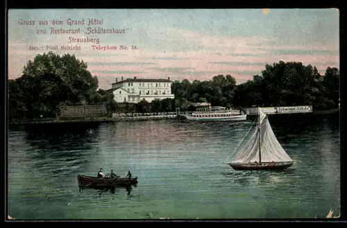 AK Strausberg, Grand Hôtel und Restaurant Schützenhaus, Bes. Paul Schicht, See mit Booten und Dampfer