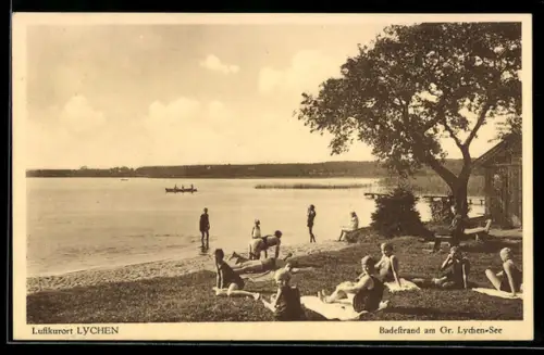 AK Lychen, Badestrand mit Badenden am Gr. Lychen-See