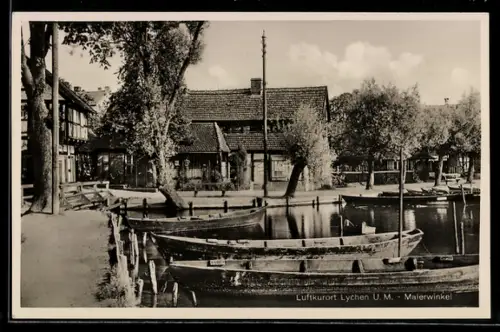 AK Lychen /U. M., Malerwinkel, Boote, Fachwerkhäuser