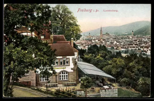 AK Freiburg i. Br., Lorettoberg, Restaurant Lorettoberg u. Stadt aus der Vogelschau