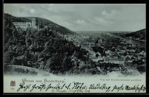 Mondschein-AK Heidelberg, Schloss und Ortsansicht von der Schlossterrasse