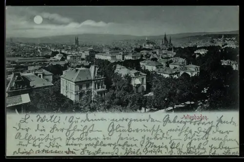 Mondschein-AK Wiesbaden, Ortspanorama aus der Vogelschau