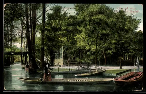 AK Lehde, Gasthof zum Fröhlichen Hecht, Kahnfahrt