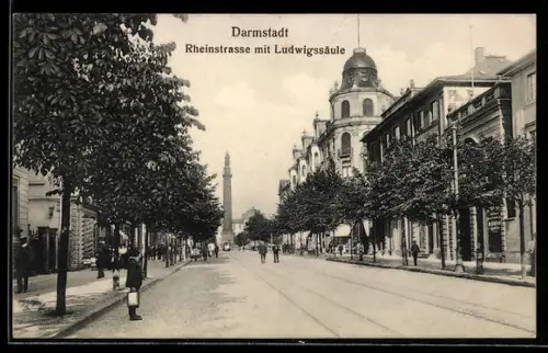 AK Darmstadt, Rheinstrasse mit Ludwigsäule
