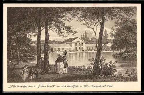 Künstler-AK Wiesbaden, Alter Kursaal mit Park, Ansicht nach Stahlstich von 1840