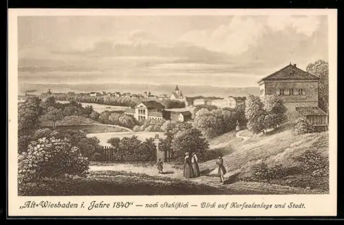 AK Wiesbaden, Blick auf Kursaalanlage und Stadt im Jahre 1840