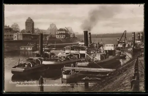 AK Duisburg-Ruhrort, Eisenbahnbassin mit Zollamt und Rheinbrücke