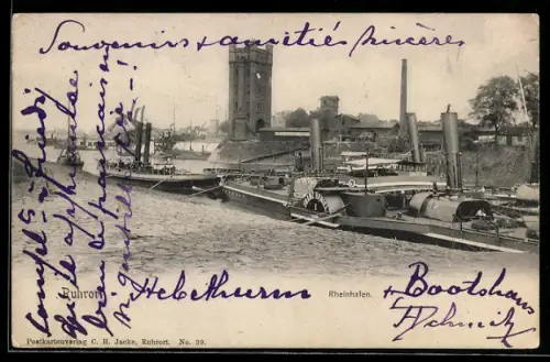 AK Ruhrort, Rheinhafen mit Dampf-Frachtern u. Turm