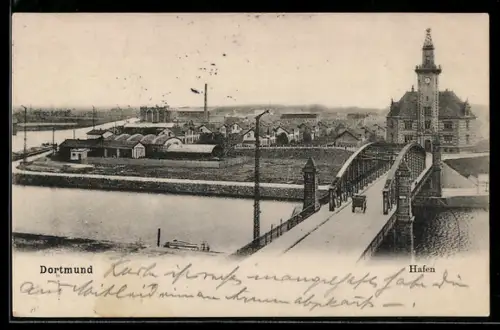 AK Dortmund, Hafen mit Brücke und Turmgebäude