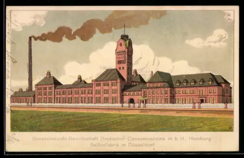 Künstler-AK Düsseldorf, Seifenfabrik der Grosseinkaufs-Gesellschaft Deutscher Consumvereine